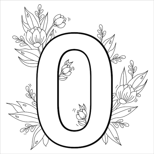 Bloem nummer nul Decoratief patroon 0 met bloemen tulpen knoppen en bladeren Vector lijn omtrek