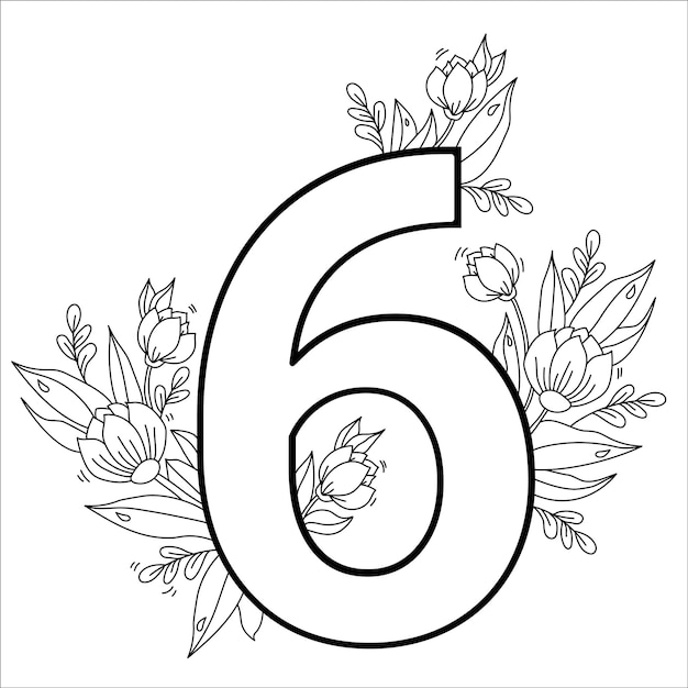 Bloem nummer zes Decoratief patroon 6 met bloemen tulpen knoppen en bladeren Vector Line outline