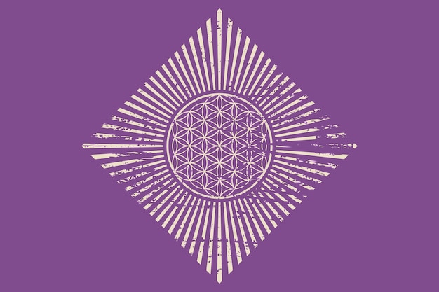 Bloem van het leven, paarse retro spirituele mandala, heilige geometrie. Vintage stralende stralen symbool