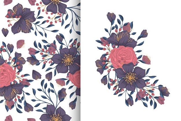 Bloemboeket met naadloos patroon. Bloemen achtergrond set