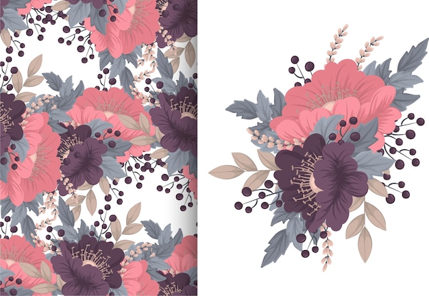Bloemboeket met naadloos patroon. Bloemen achtergrond set
