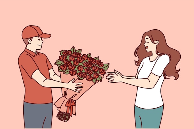 Bloemen bezorger overhandigt boeket aan vrouw blij met onverwacht valentijnscadeau