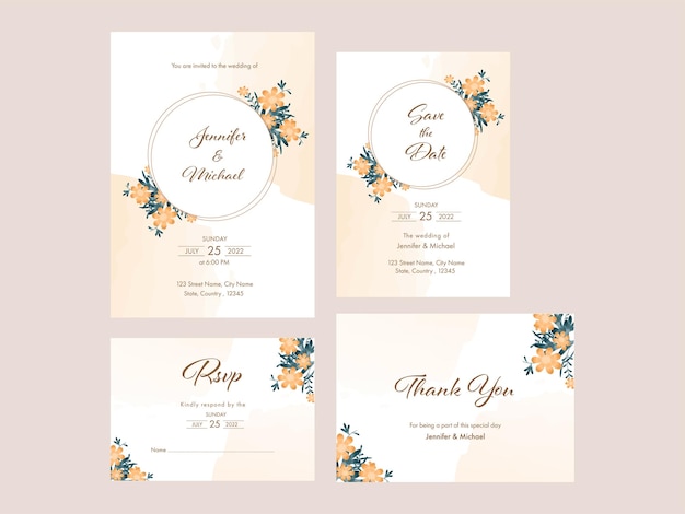 Bloemen bruiloft uitnodiging kaartsjabloon lay-out in vier opties.