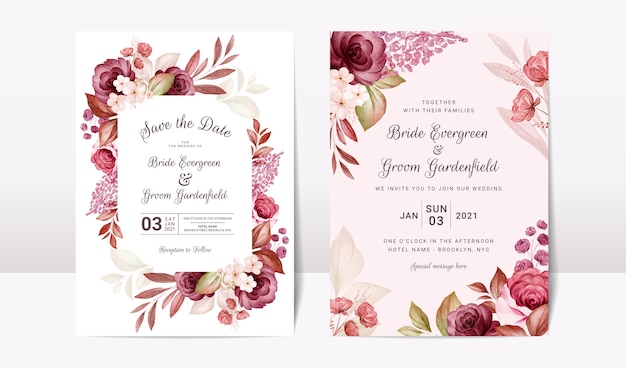 Bloemen bruiloft uitnodiging sjabloon set met elegante bordeauxrode en bruine rozen bloemen en bladeren decoratie. botanische kaart ontwerpconcept