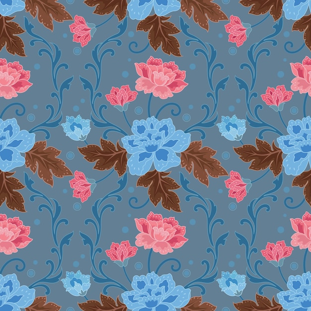 Bloemen en blad op blauwe kleur achtergrond in batik stijl naadloos patroon voor print stof textiel behang