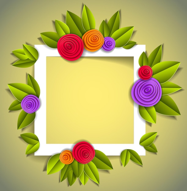 Bloemen en bladeren mooie achtergrond of frame met lege kopie ruimte voor tekst, vectorillustratie in papier knippen stijl. Huwelijksuitnodiging of romantische wenskaart.