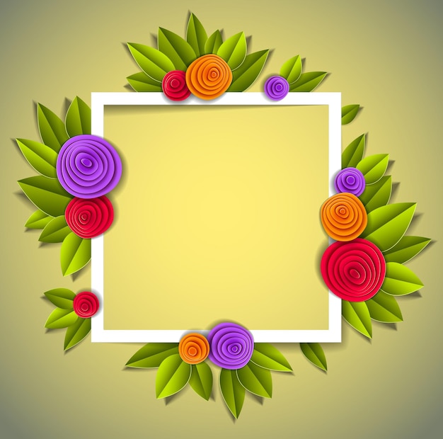 Bloemen en bladeren mooie achtergrond of frame met lege kopie ruimte voor tekst, vectorillustratie in papier knippen stijl. Huwelijksuitnodiging of romantische wenskaart.