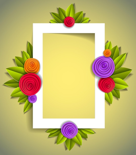 Bloemen en bladeren mooie achtergrond of frame met lege kopie ruimte voor tekst, vectorillustratie in papier knippen stijl. Huwelijksuitnodiging of romantische wenskaart.