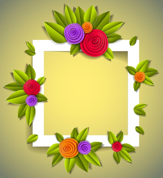 Bloemen en bladeren mooie achtergrond of frame met lege kopie ruimte voor tekst, vectorillustratie in papier knippen stijl. Huwelijksuitnodiging of romantische wenskaart.
