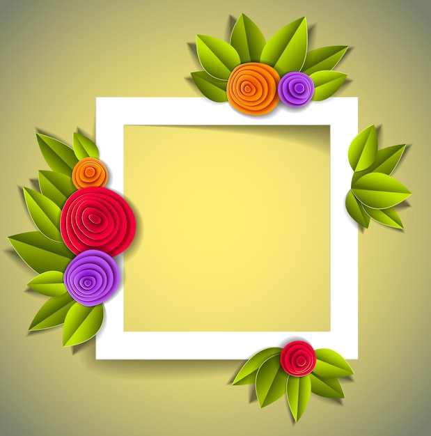 Bloemen en bladeren mooie achtergrond of frame met lege kopie ruimte voor tekst, vectorillustratie in papier knippen stijl. Huwelijksuitnodiging of romantische wenskaart.