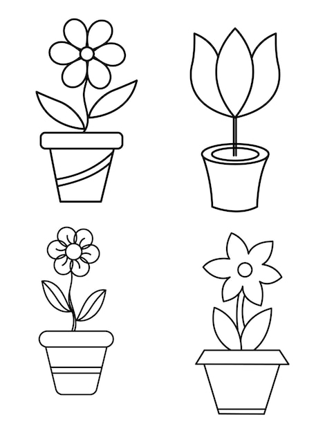 Bloemen en potten interieurontwerp prachtige bloemen planten plant contour tekening vector set