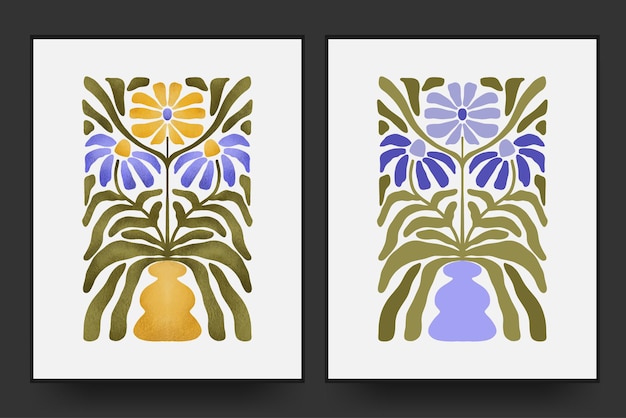 bloemen- en vaasmatisse minimalistische stijl met de hand getekend vlak en gestructureerd ontwerp kunst set