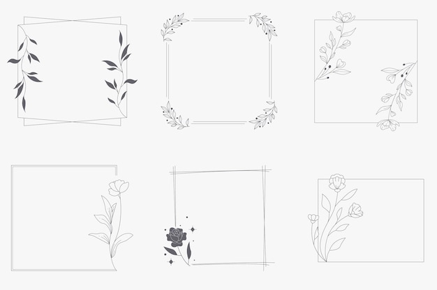 Vector bloemen en vierkante handgetekende stijl. floral zwart-wit frame van twijgen, bladeren en bloemen.