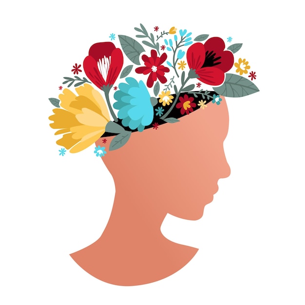 Bloemen groeien uit het hoofd van een vrouw Handgetekende moderne platte illustratie