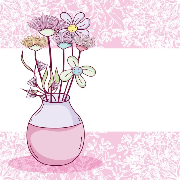 Vector bloemen in glazen pot paarse en witte kaart