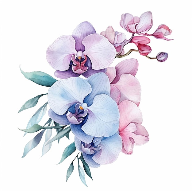 bloemen in pastelkleuren met orchideeën en bladeren waterverf witte achtergrond