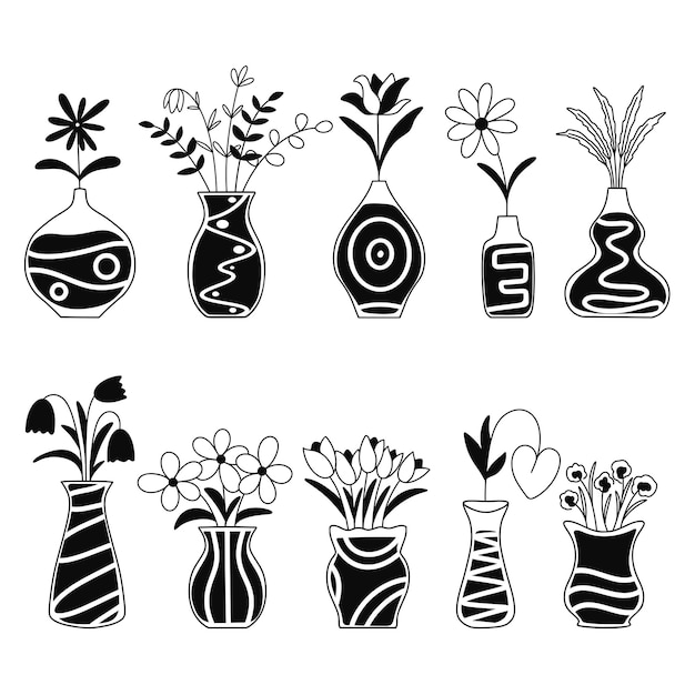 Bloemen in vaas silhouet set Inkt schets florale decoratie clipart Stelletje bloemen en kruiden