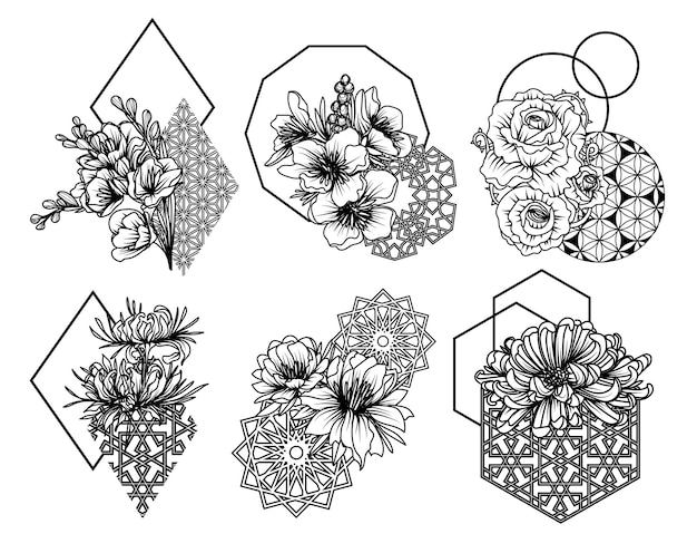 Vector bloemen instellen hand schets tekening zwart-wit