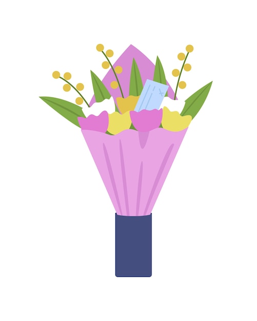 Bloemen levering semi egale kleur vector-object. unieke cadeau creatie. kleurrijk tulpenboeket. door een bloemist ontworpen arrangement isoleerde moderne cartoonstijlillustratie voor grafisch ontwerp en animatie