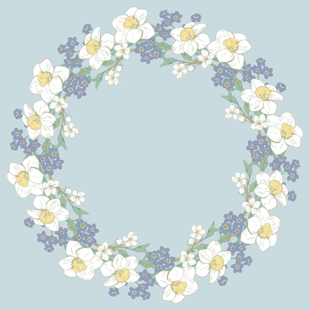 Bloemen rond frame op blauwe achtergrond. lente ontwerp
