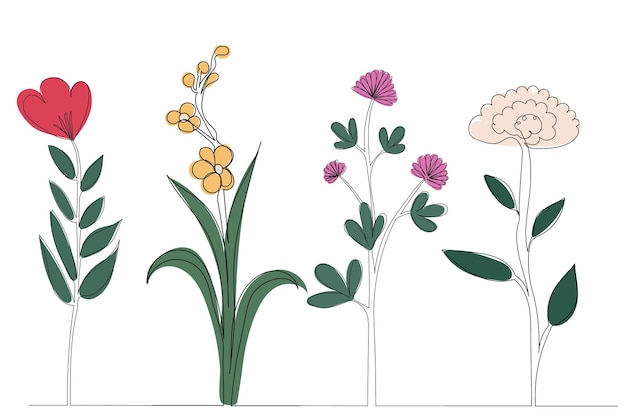 Bloemen tekenen in één doorlopende lijn geïsoleerde vector