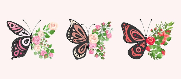 Bloemen vlinders Zwarte contour vlinder bloemen vleugels Rozen en bladeren tuinplanten Herstel en vrijheid concept tshirt lente zomer prints vector set
