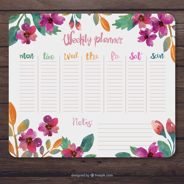 Vector bloemen wekelijkse planner met aquarellen