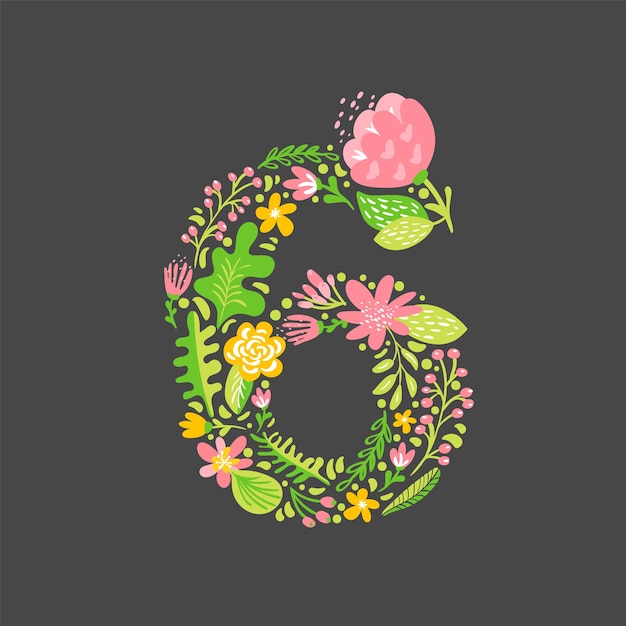 Bloemen zomer Nummer 6 zes Flower Capital bruiloft Alfabet Kleurrijk lettertype met bloemen en bladeren Vector illustratie Scandinavische stijl
