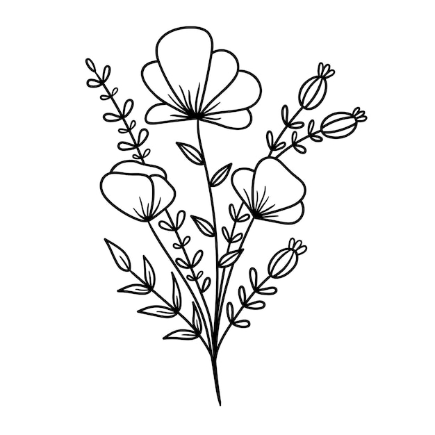 Bloemenboeket Overzichtstekening Lijn vectorillustratie Geïsoleerd op witte achtergrond