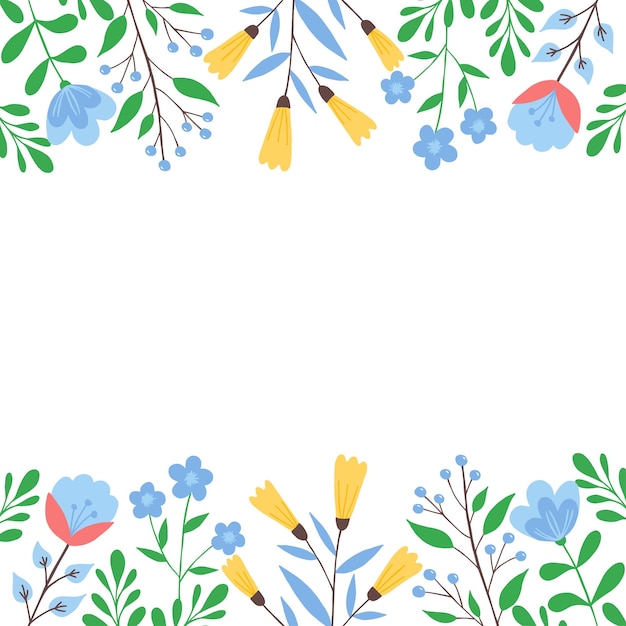 Vector bloemenframe met blauwe en gele bloemen en groene bladeren op wit