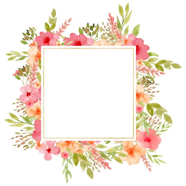 Bloemenframe met roze abstracte bloemen met de hand getekende illustratie van een vierkant sjabloon op witte geïsoleerde achtergrond achtergrond voor groetekaartjes of bruiloftsuitnodigingen rand met gouden textuur