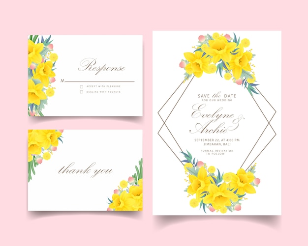 Bloemenhuwelijksuitnodiging met gele narcissenbloem