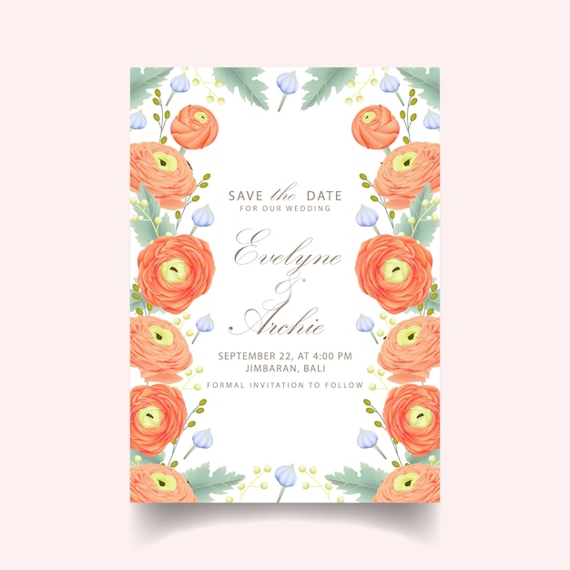 Bloemenhuwelijksuitnodiging met ranunculus bloem
