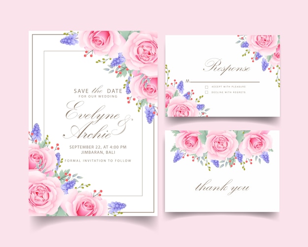 bloemenhuwelijksuitnodiging met roze roze en muscaribloem