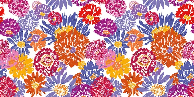 Bloemenkoppen helder gestructureerd met de hand getekend zomer daisy oranje blauw lila rood naadloos patroon vector achtergrond stof textiel papier behang