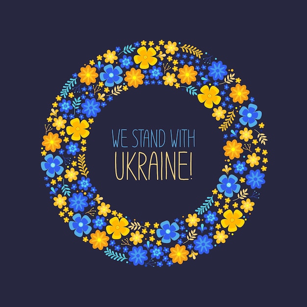 Bloemenkrans in Oekraïense kleuren met het opschrift "We stand with Ukraine"