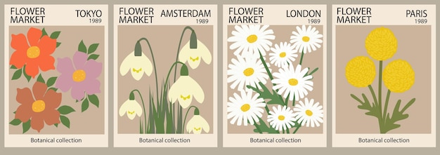 Bloemenmarkt poster set Abstracte bloemen illustratie Botanische muurkunst collectie vintage