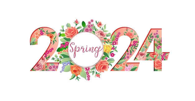 Vector bloemennummer 2024 voorjaarsconcept creatief set van 2 0 en 4 met vintage bloemen en bladeren