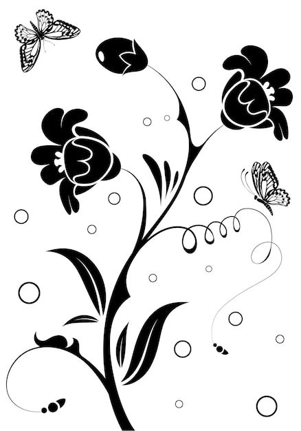 Bloemenornament met vlinder, element voor ontwerp, vectorillustratie