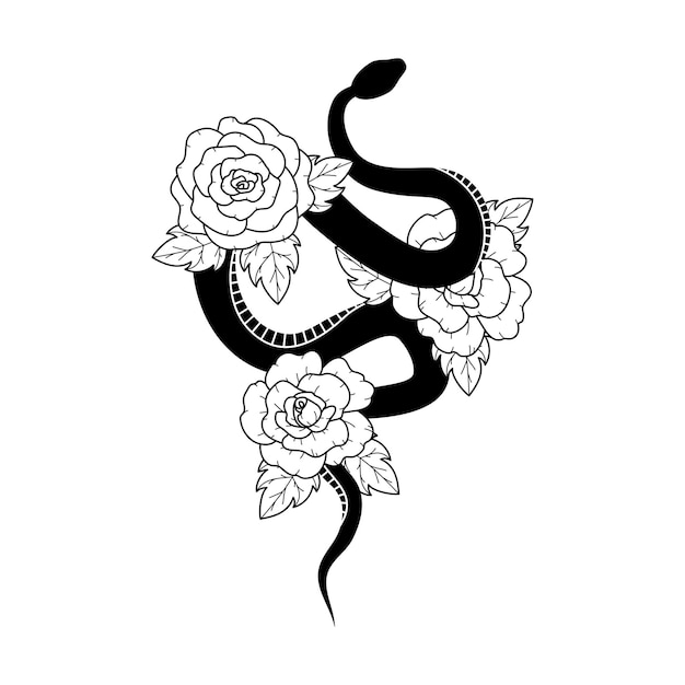 Vector bloemenslang zwarte slang met roze bloemen mystic animal tattoo spirituele vectorillustratie line art florals