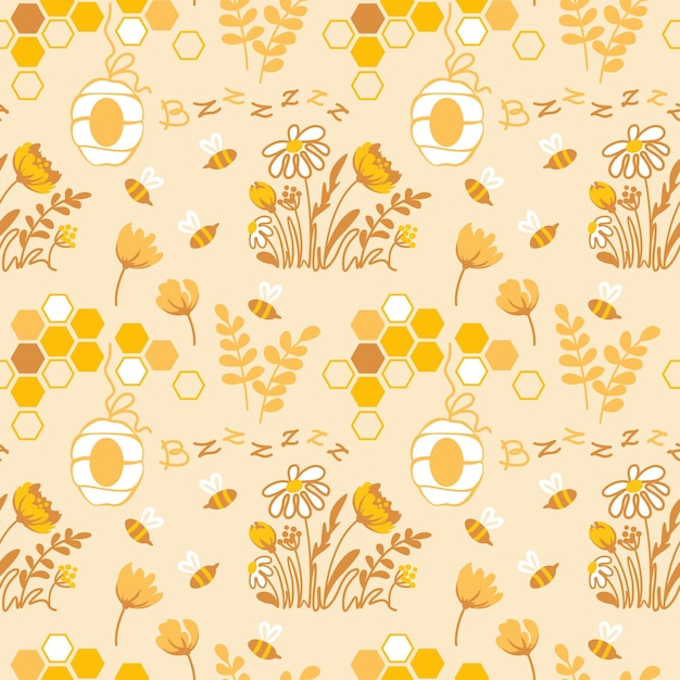 Bloemenweide en bijen bestuiven bloemen naadloos patroon Vector