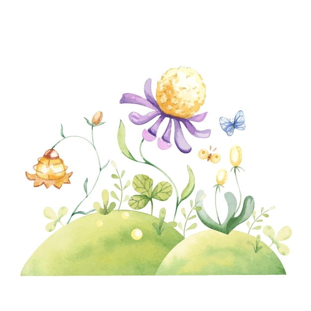 Vector bloemenweide met fantastische bloemen aquarel bloemen