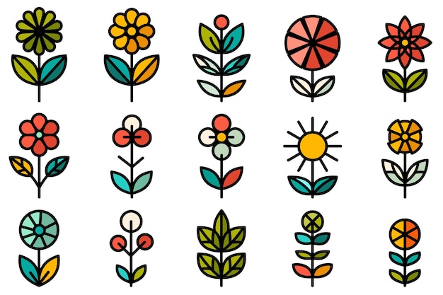 Bloemiconen set Kleurige bloemiconen in platte stijl Wildbloemen en planten Vectorillustratie