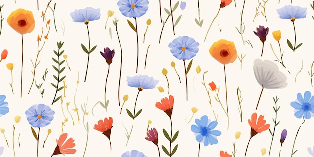 Bloemig naadloos patroon met geperste bloemen en bladeren blauw en delicate kleuren Aquarel afdruk