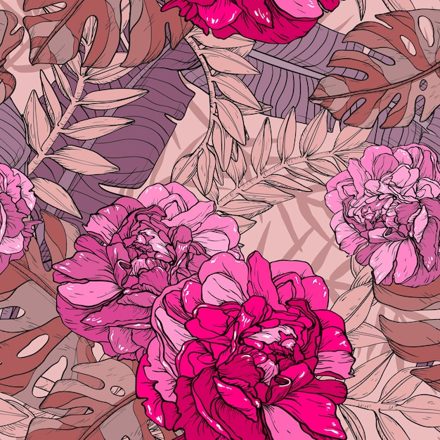 Bloemig naadloos roze patroon met tropische planten