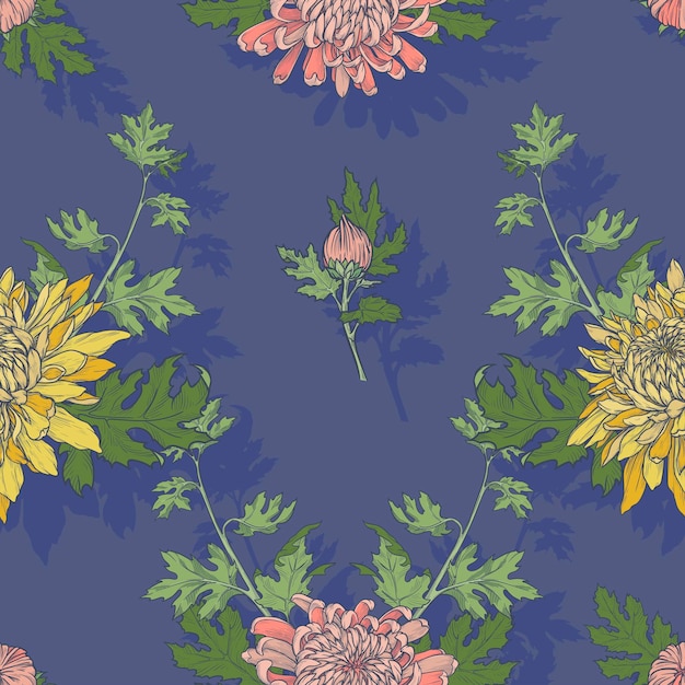 Vector bloemloos patroon van met de hand getekende chrysanthemums vectorpatroon van bloemen op een blauwe achtergrond