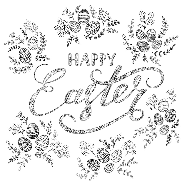 Bloemmotief en decoratieve eieren op witte achtergrond grunge belettering happy easter illustratie