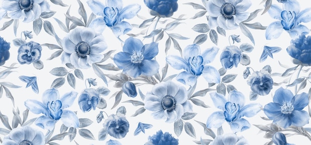 Vector bloemmotief in blauwe tinten aquarel illustratie