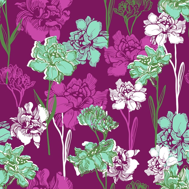 Bloemmotief in vector. Wilde bloemen, bladeren, takken, snoepjes herhalen patroon ontwerpset.