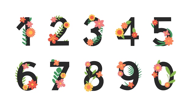 Bloemnummers Cijferset met bloemen, bladeren en takken Kleurrijk lettertype Platte vectorillustratie